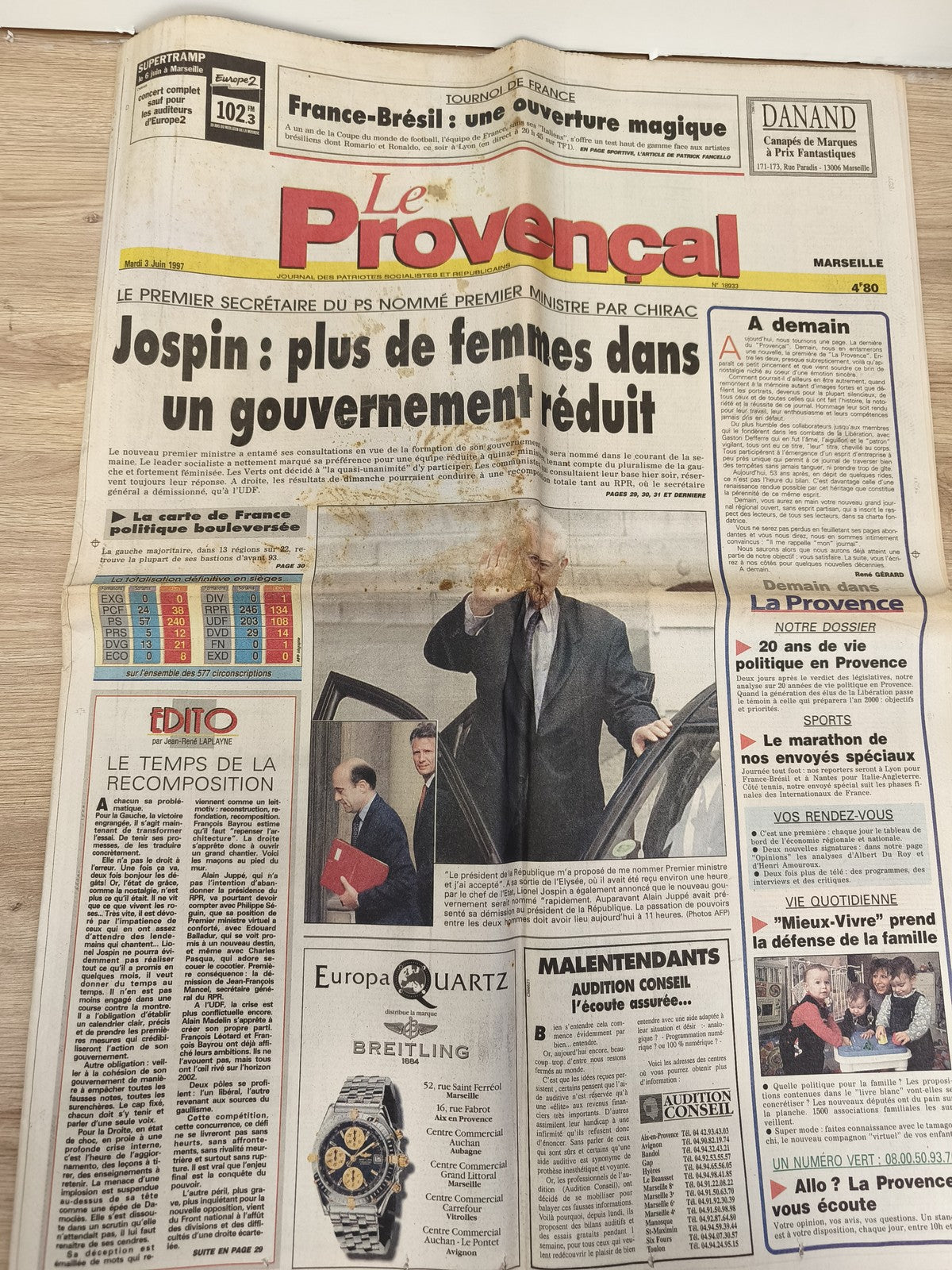 Ancien journal Le Provençal Marseille 1997 football OM France-Brésil vintage