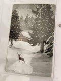 Carte postale ancienne Noël neige cerf sapins paysage hiver CPA vintage