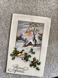 CPA Bonne Année paysage hiver oiseau houx carte postale ancienne