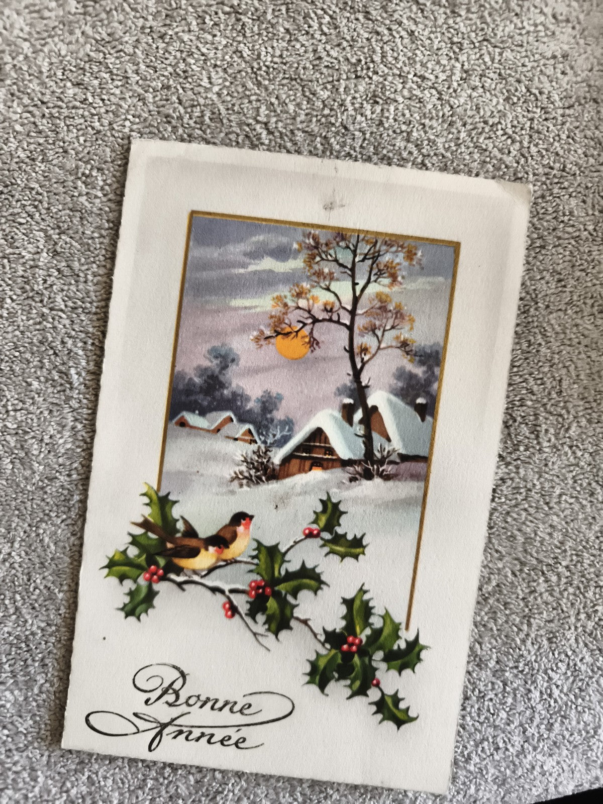 CPA Bonne Année paysage hiver oiseau houx carte postale ancienne