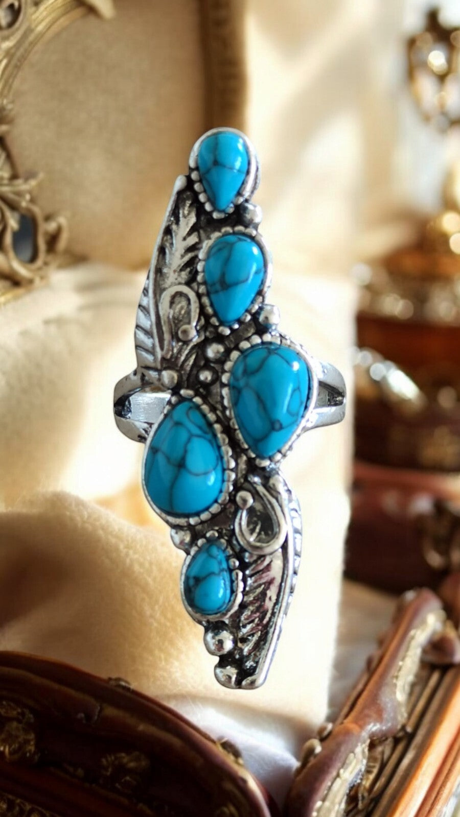 Bague femme turquoise style bohème taille 54 pierre bleue sertie