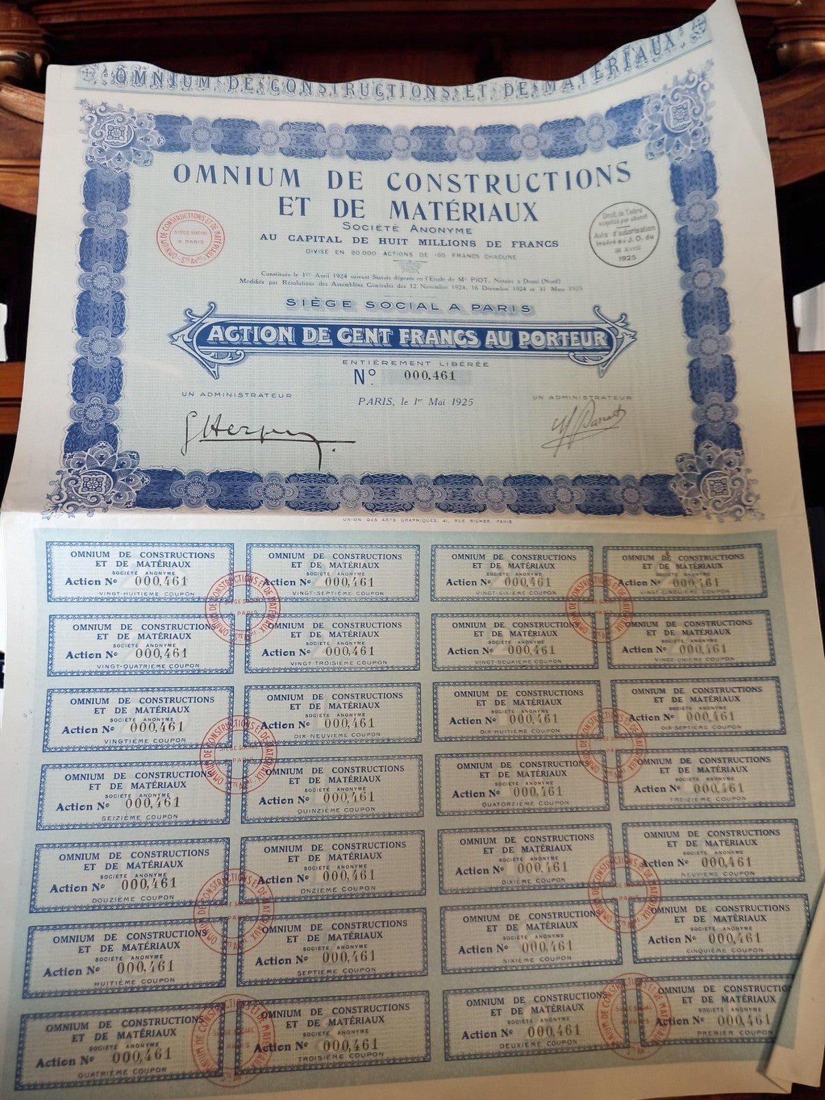 Action au porteur Omnium Constructions 1925 titre ancien papier valeur vintage