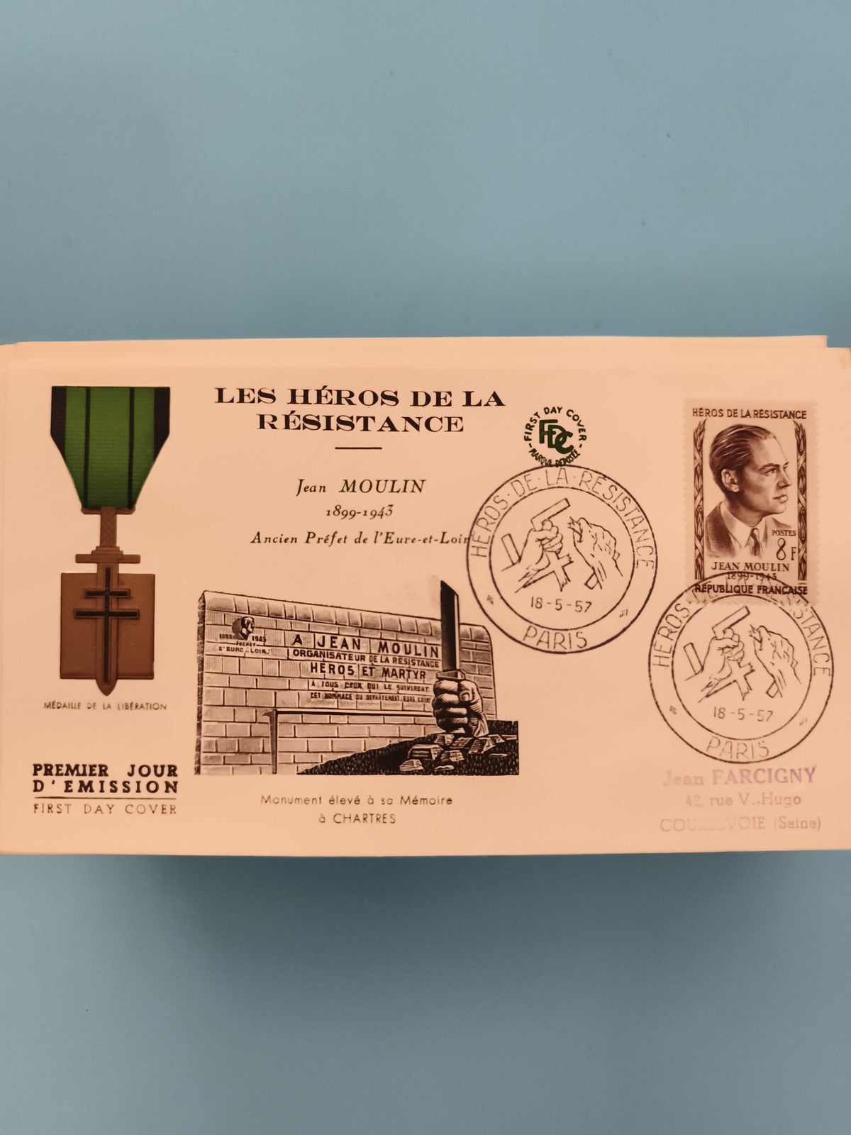 Lettre FDC Les Héros de la Résistance Jean Moulin 1957 oblitération Paris philat