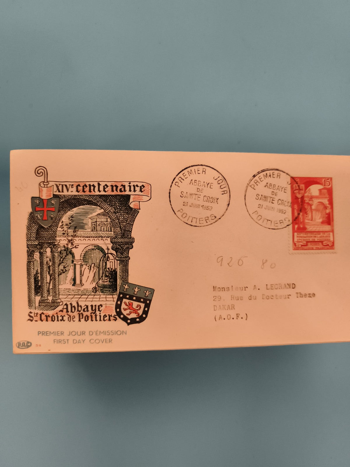 Lettre Premier Jour Abbaye Ste Croix Poitiers 1952 timbre 15c cachet philatélie