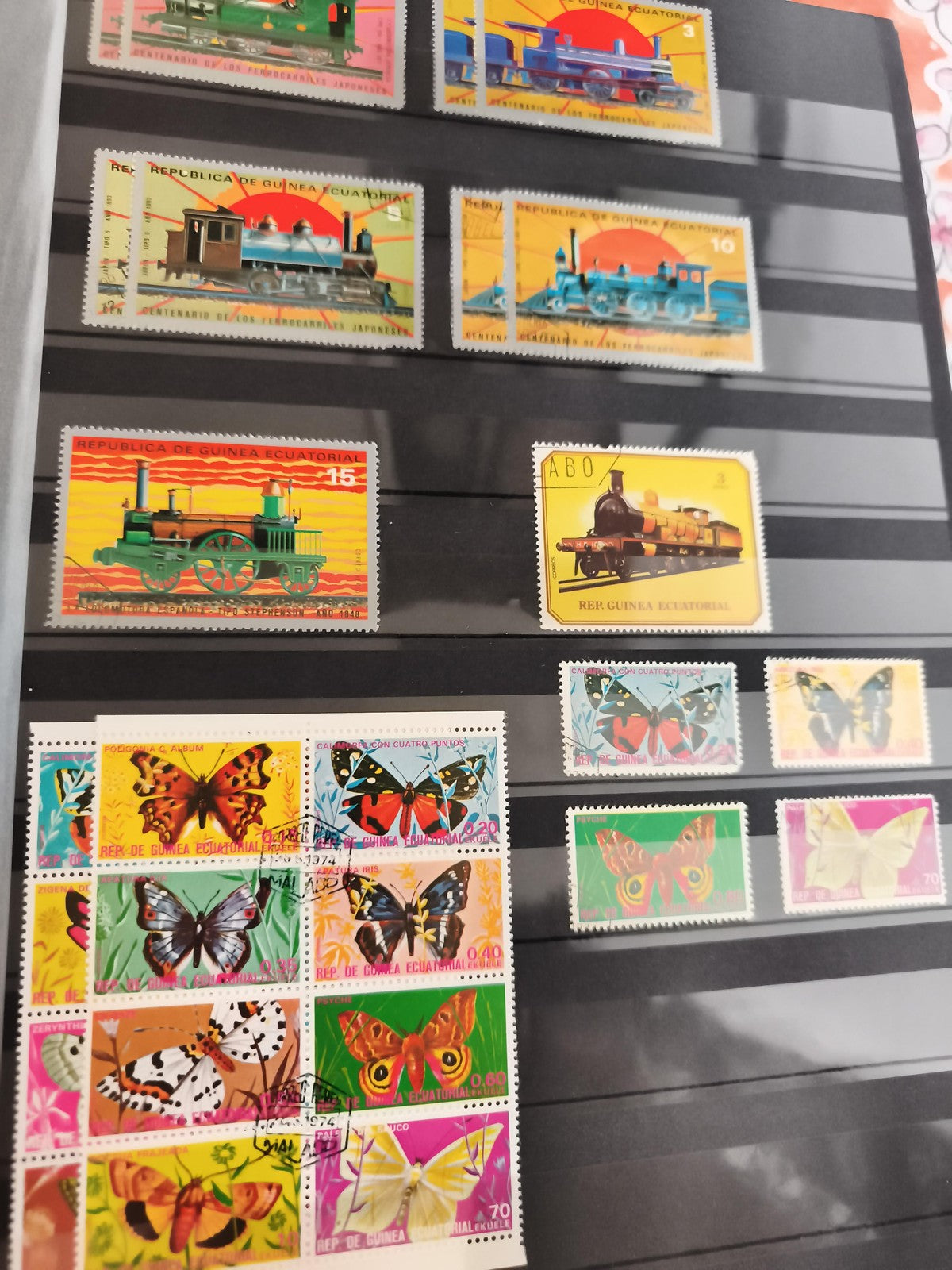 Timbres anciens Guinée Équatoriale trains papillons lot philatélie vintage