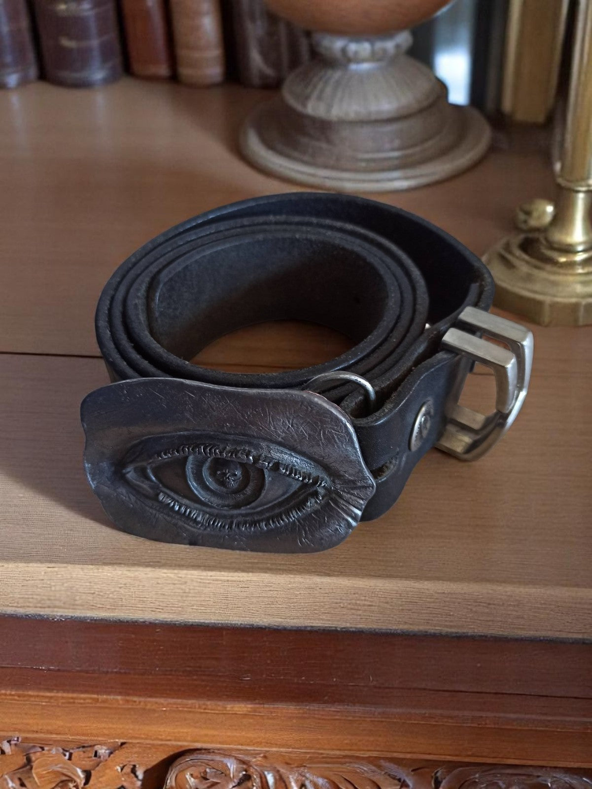 Ceinture vintage homme Request cuir noir, boucle œil rétro original