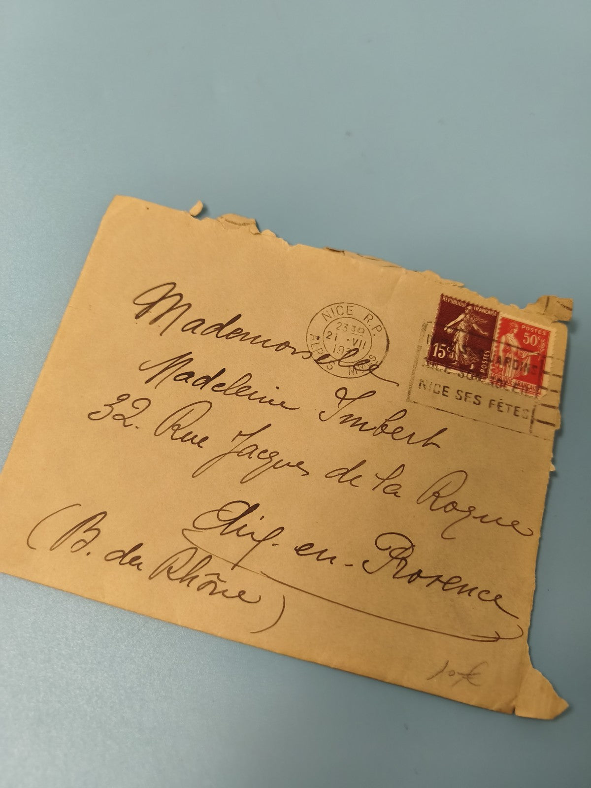 Ancienne enveloppe philatélie timbrée Nice 1930s, écriture manuscrite vintage