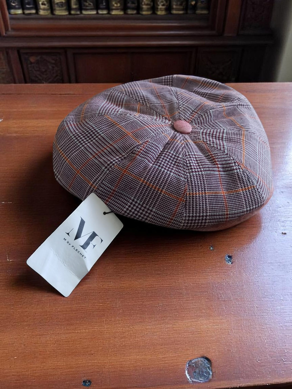 Béret vintage à carreaux M by Flechet marron motif prince-de-galles rare