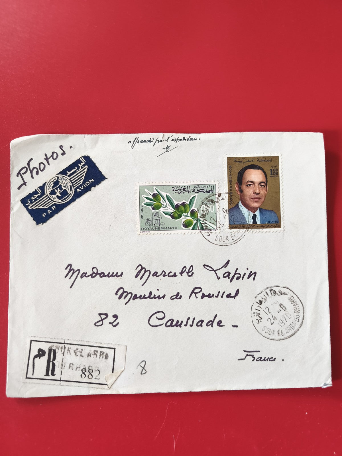 Enveloppe philatélie affranchie timbres Maroc, recommandé, Par Avion