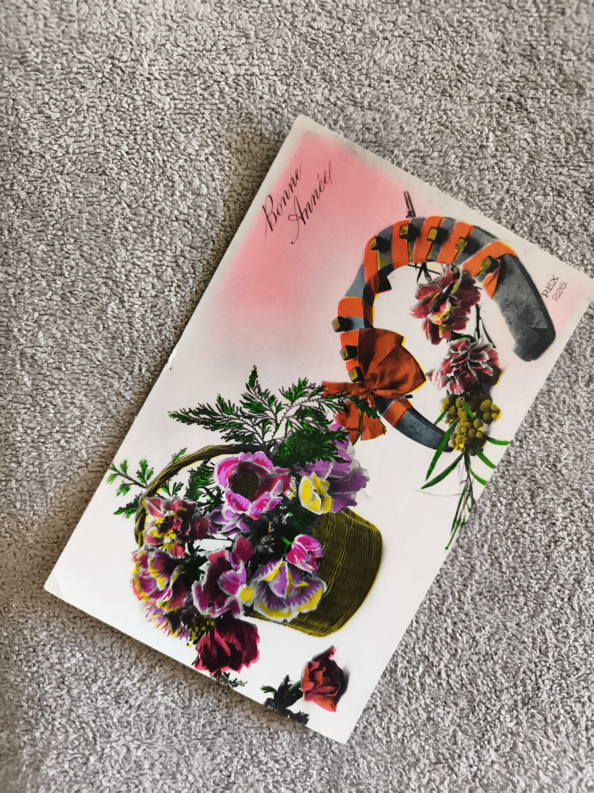 Carte postale Bonne Année fleurs panier fer à cheval CPA