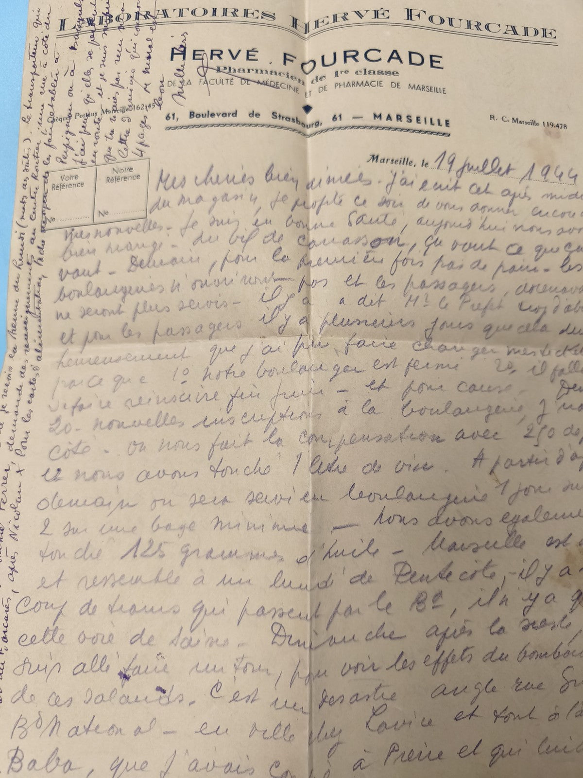 Ancienne lettre manuscrite France 1944 Laboratoires Hervé Fourcade Marseille