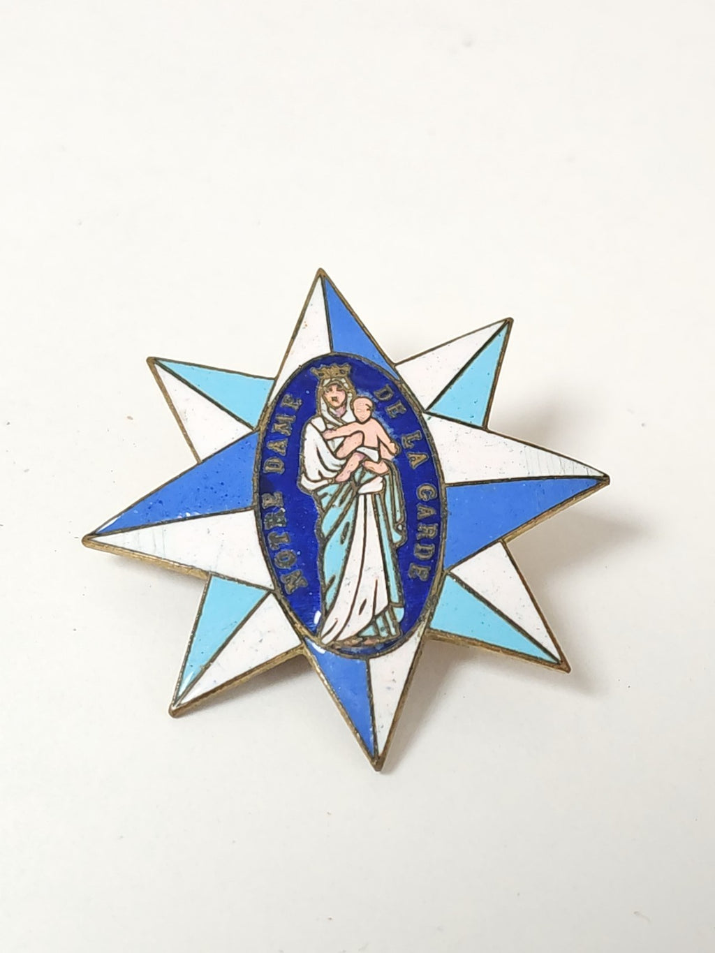 Broche ancienne vintage Notre-Dame de la Garde, bijou religieux rétro collection