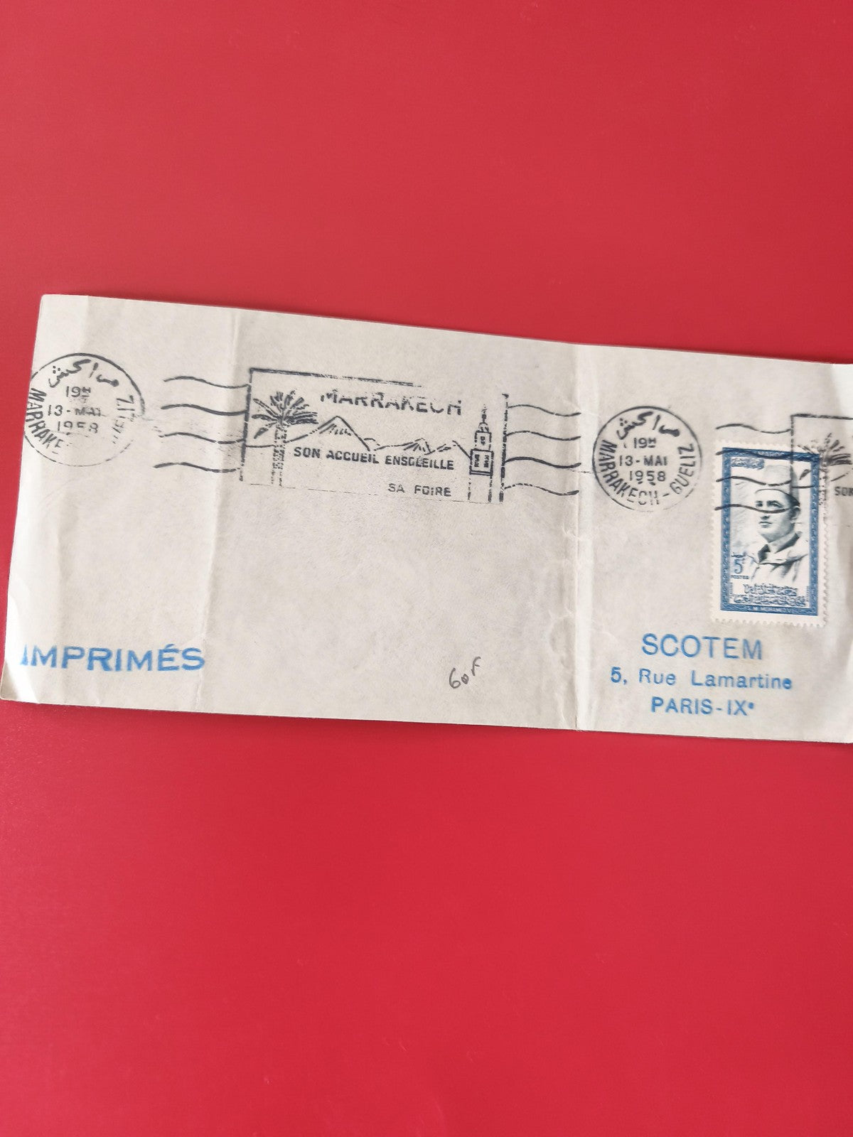 Enveloppe philatélie imprimée, cachet Marrakech 1958, timbre bleu, SCOTEM