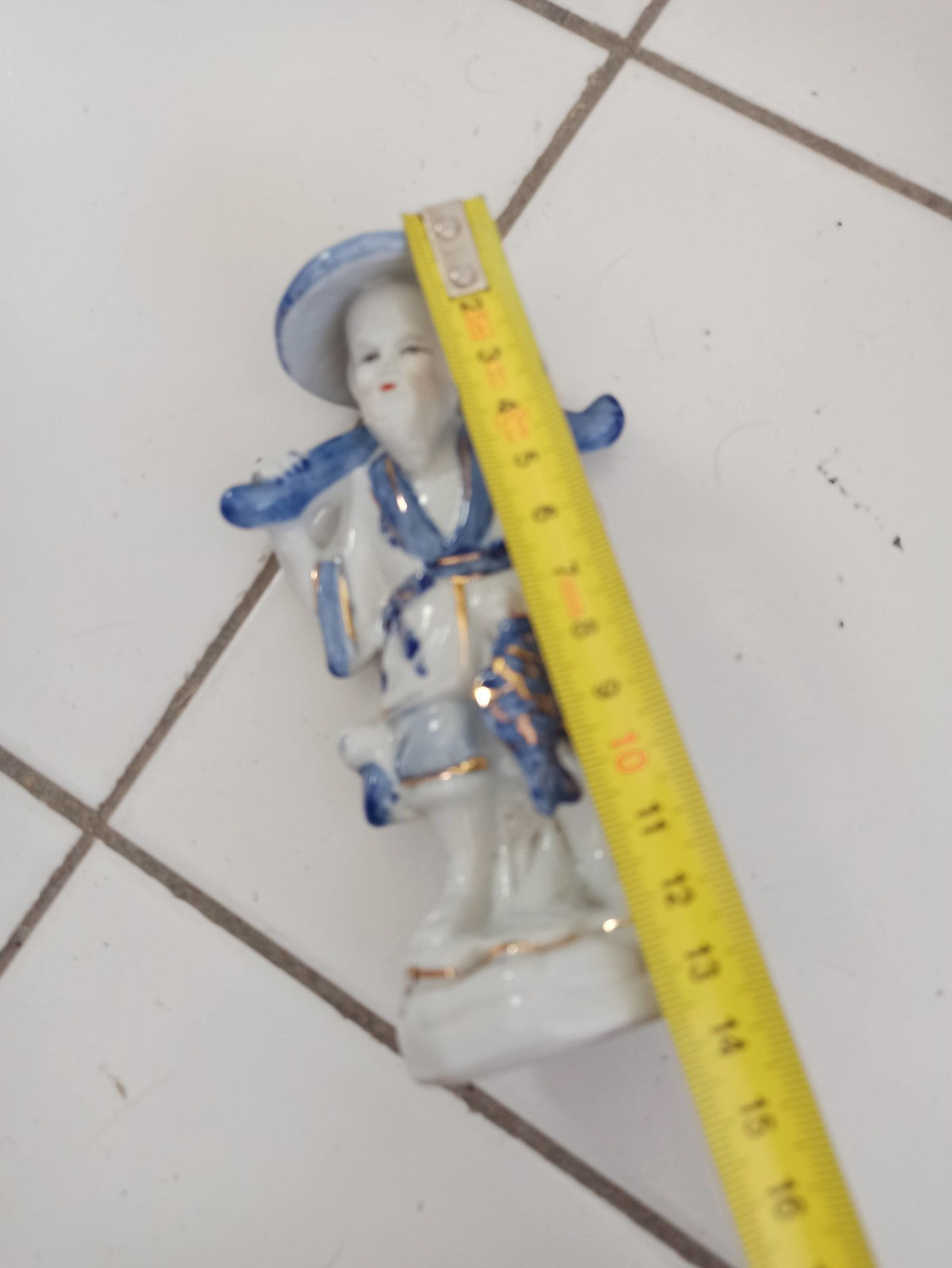 Figurine asiatique vintage porcelaine émaillée bleue or, sculpture chinoise anci