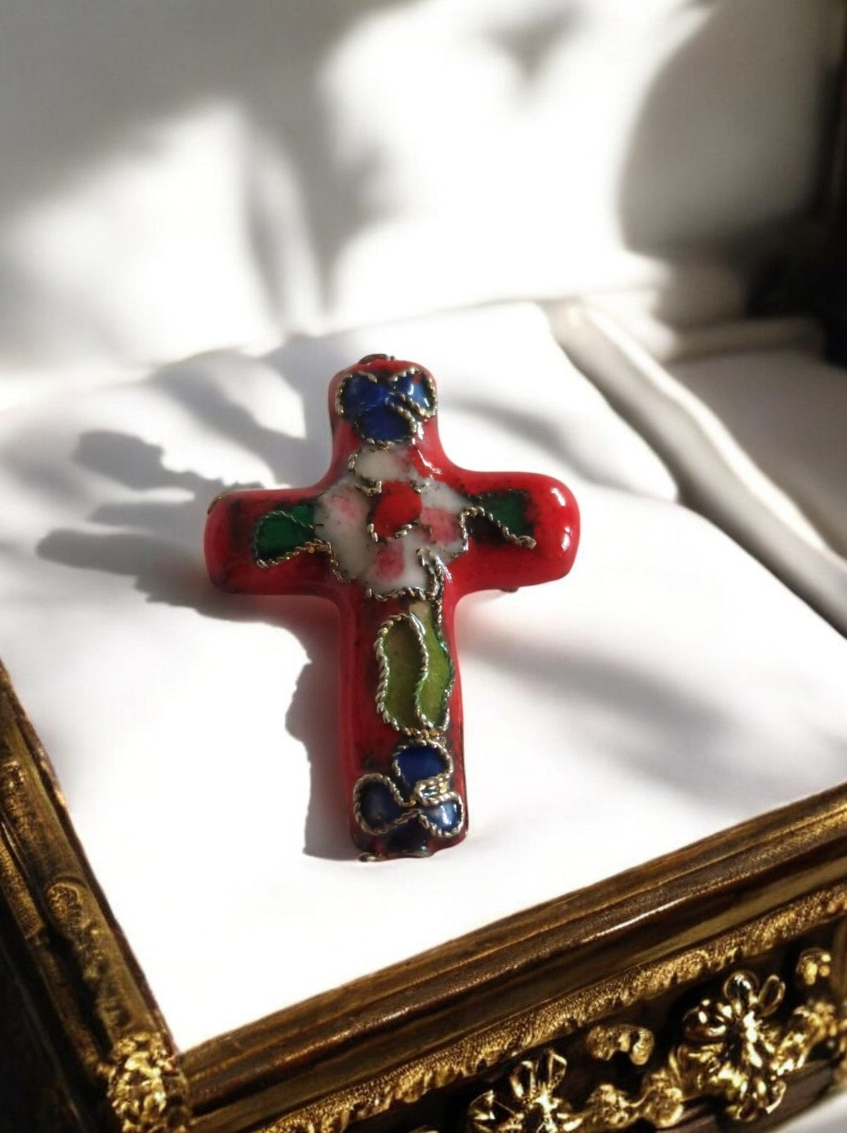 Vintage red enameled decorative cross Made in France, floral, religious motif