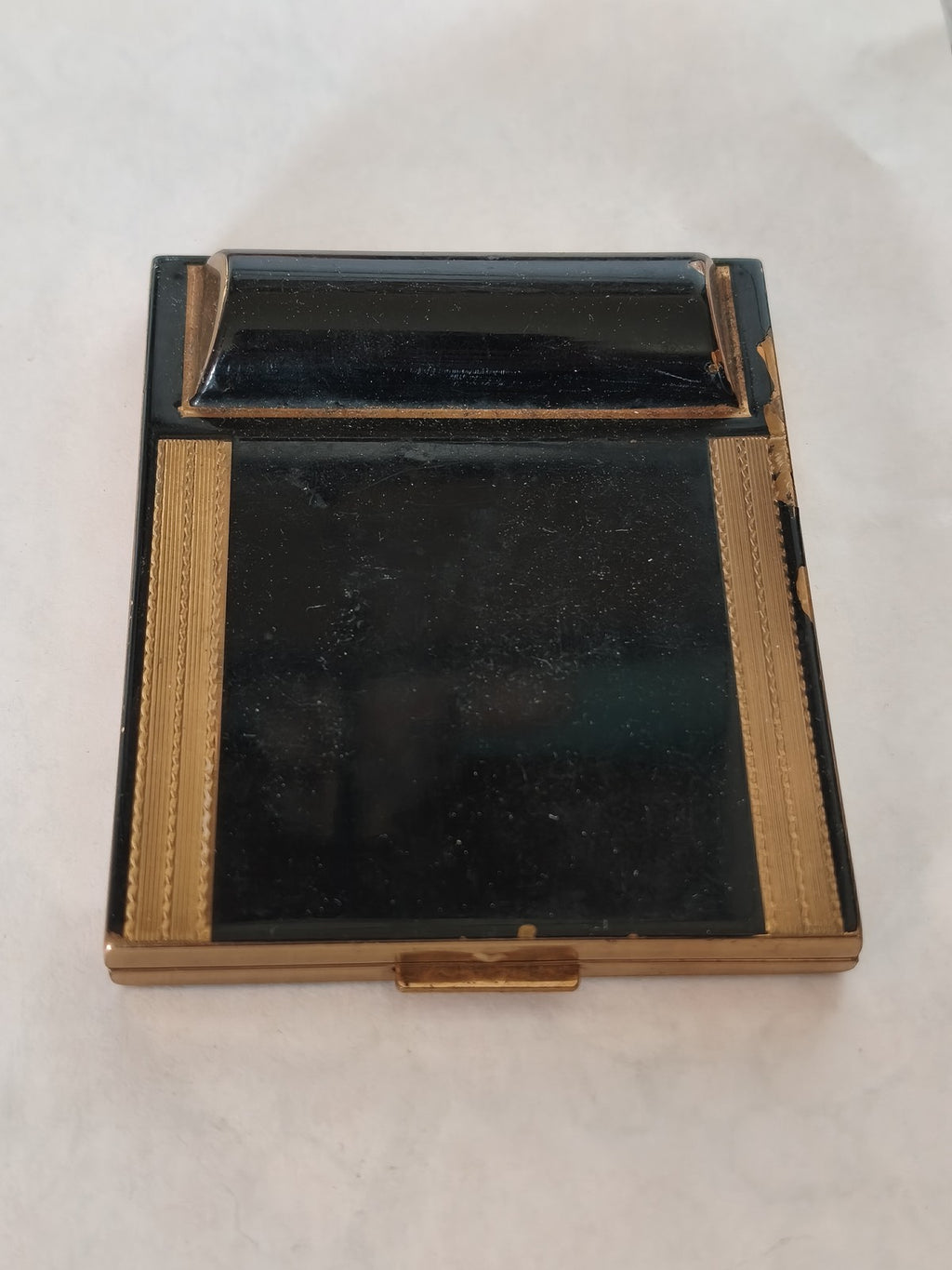 Vintage poudrier et rouge à lèvres Sabor métal doré laque noire ancien rétro