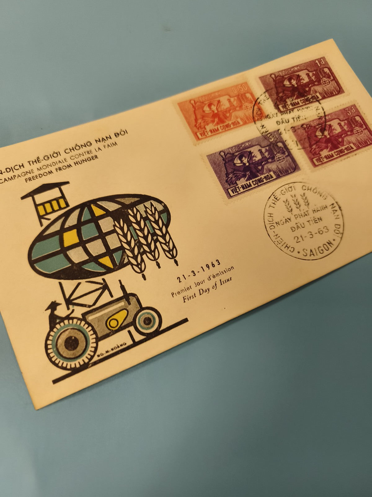 Ancienne enveloppe FDC Vietnam 1963 Campagne Contre la Faim timbres illustrés