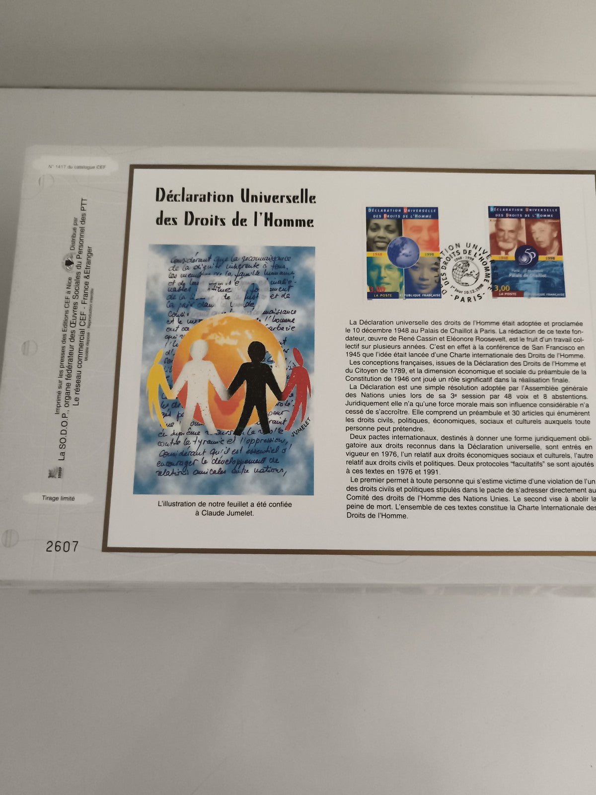 Feuillet CEF Déclaration des Droits de l’Homme Claude Jumelet timbres oblitérés
