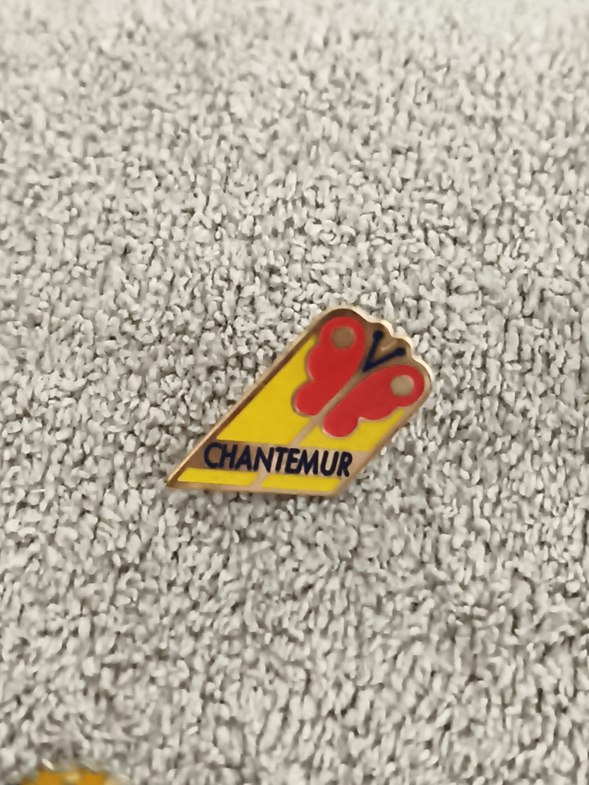 Pin's vintage CHANTEMUR papillon jaune rouge logo publicitaire (Ref 2)
