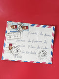 Enveloppe philatélie affranchie timbres Maroc, courrier avion bleu blanc rouge
