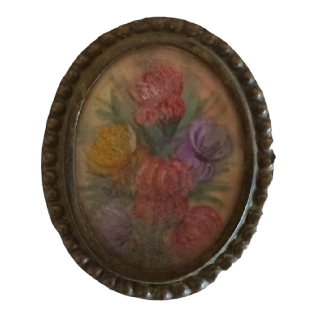 Broche ancienne ovale peinte à la main, fleurs, style années 50 vintage