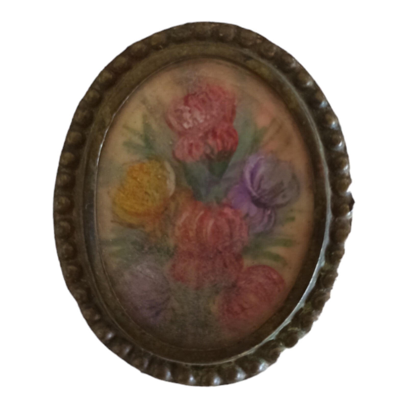 Broche ancienne ovale peinte à la main, fleurs, style années 50 vintage