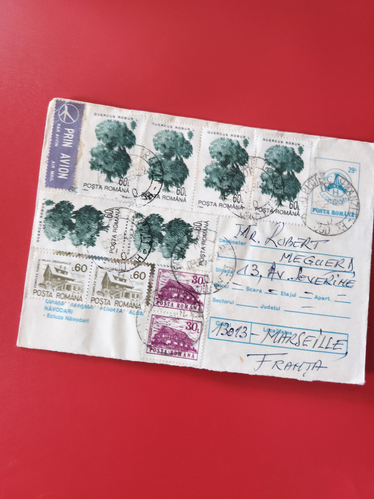 Enveloppe philatélie Roumanie affranchie, timbres multiples, oblitérée