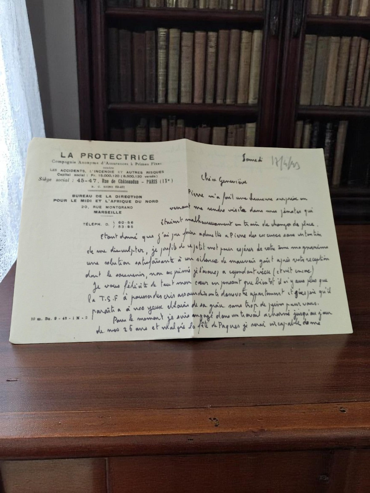 Lettre manuscrite papier à en-tête La Protectrice 1945 Marseille Guerre 39-45