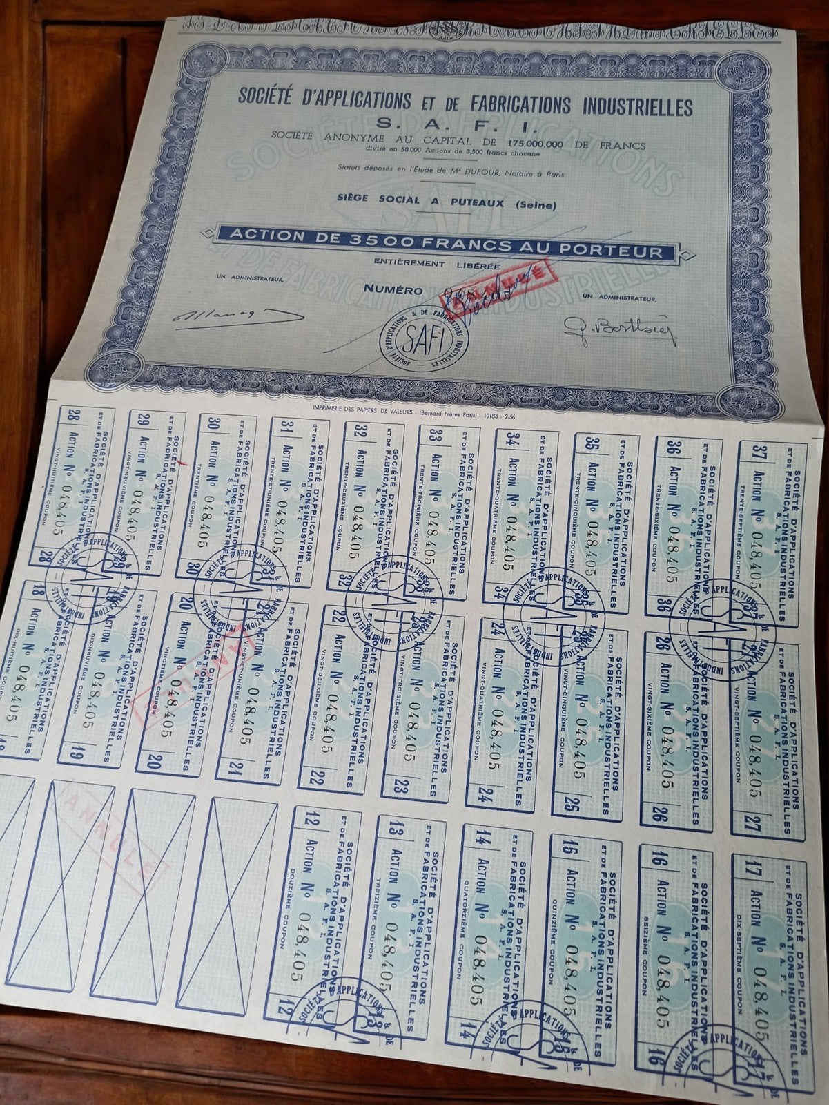 Action au porteur SAFI 3500 francs vintage années 1920 titre ancien bleu