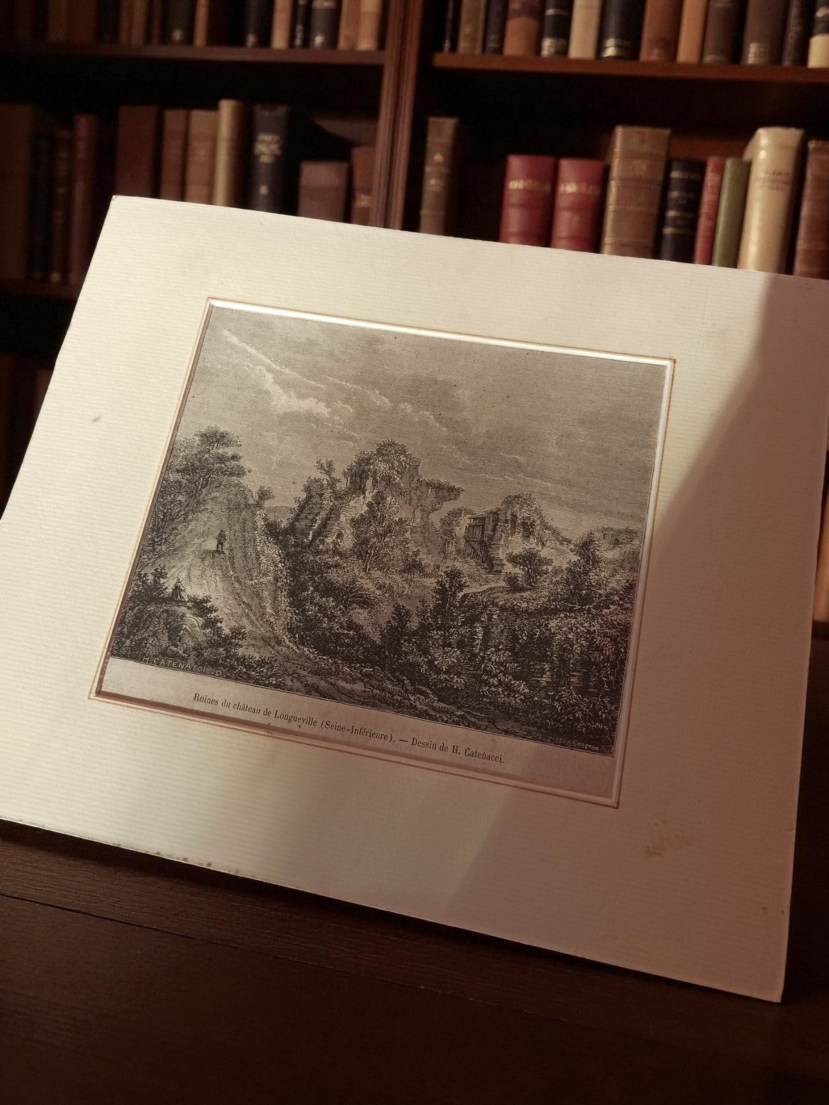 Gravure ancienne Ruines château Lougeville Seine-Inférieure H. Catelaeci vintage