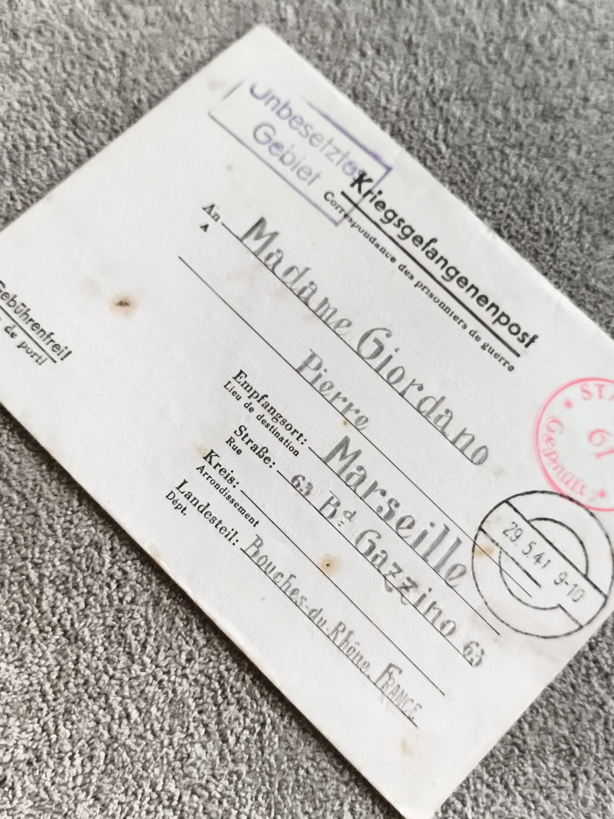 Carte Kriegsgefangenenpost 1941 Marseille guerre WW2 courrier ancien