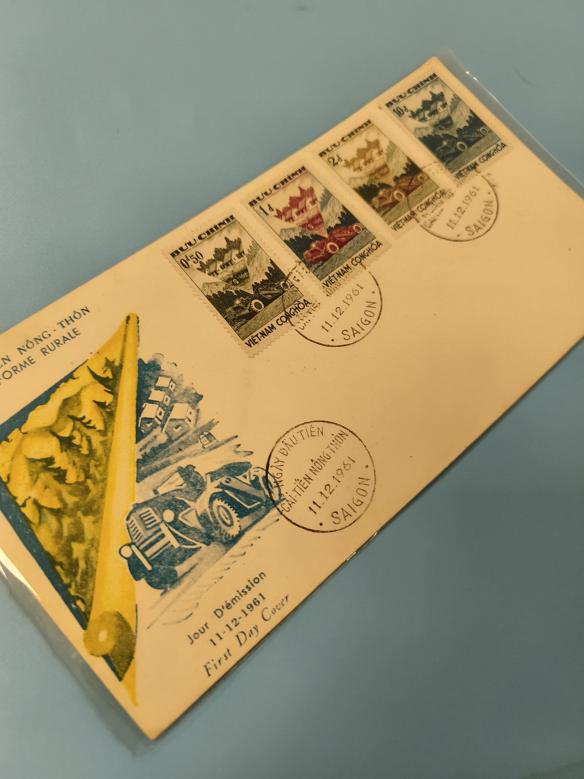 Ancienne enveloppe FDC Vietnam 1961 timbres oblitérés Saigon illustration auto