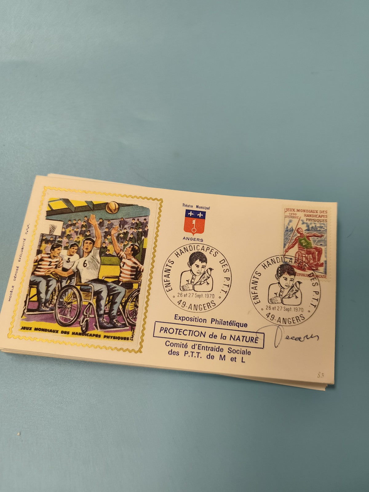 Ancienne enveloppe philatélie Angers 1970 Jeux Mondiaux Handicapés cachet illust