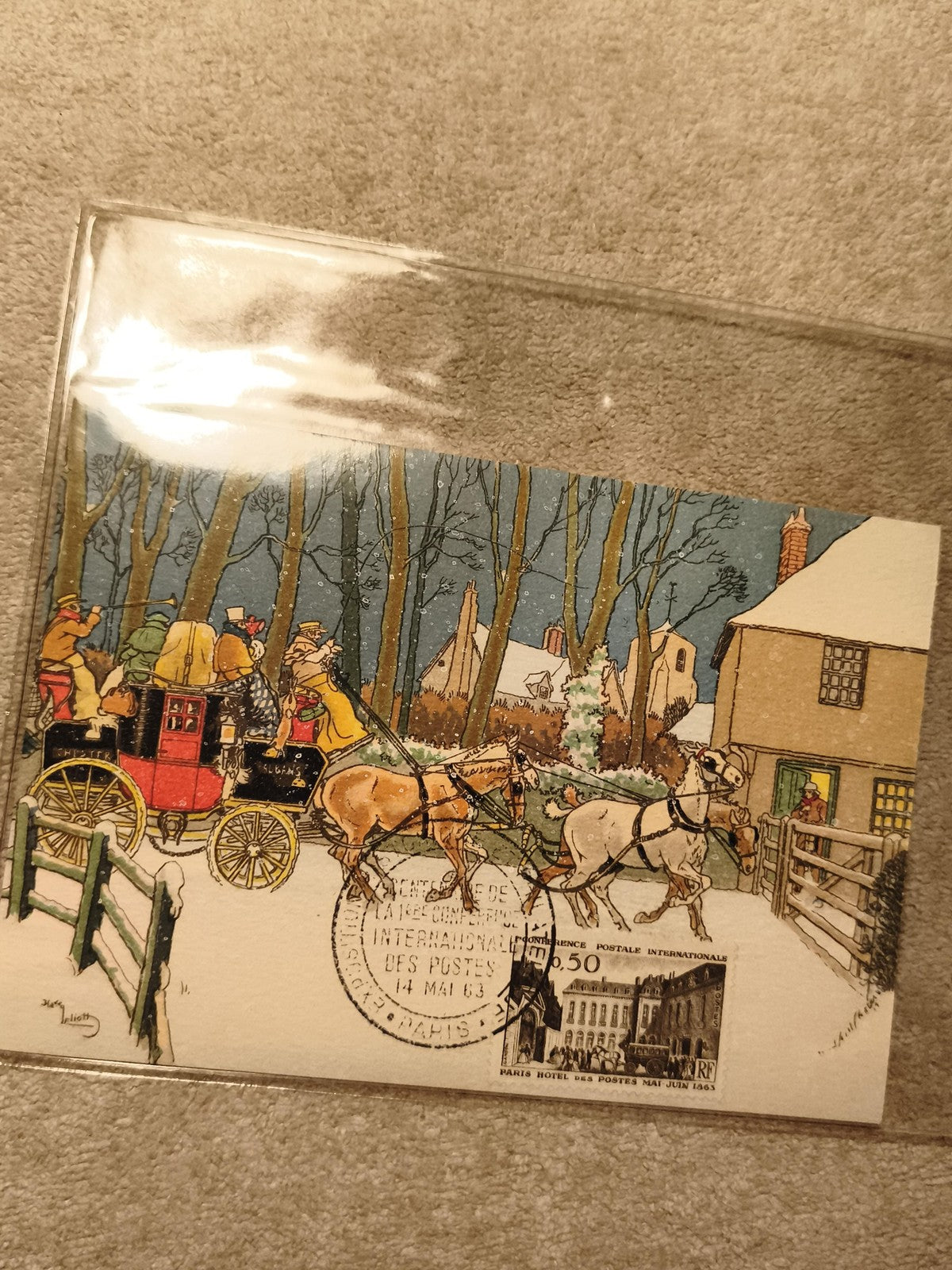 Carte postale illustrée attelages hiver + timbre Paris 1963 philatélie (Ref 10)