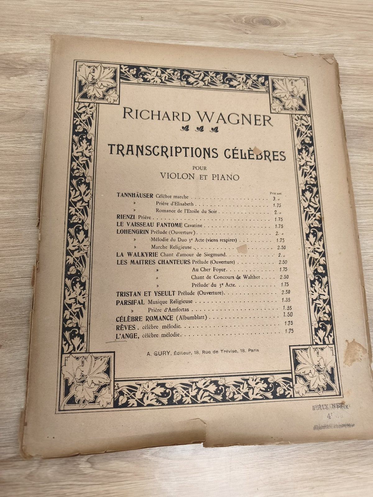 Ancien livre partitions Wagner violon piano Transcriptions célèbres A. Gury