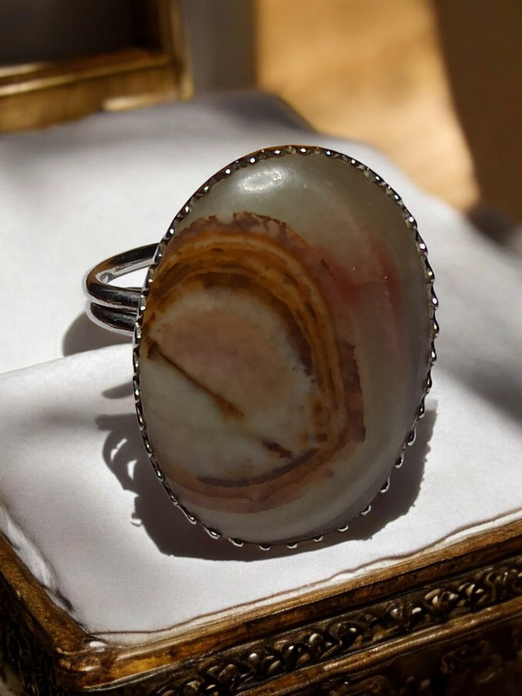 Bague afghane pierre ovale onyx aspect veiné, monture métal, taille 49, bijou et