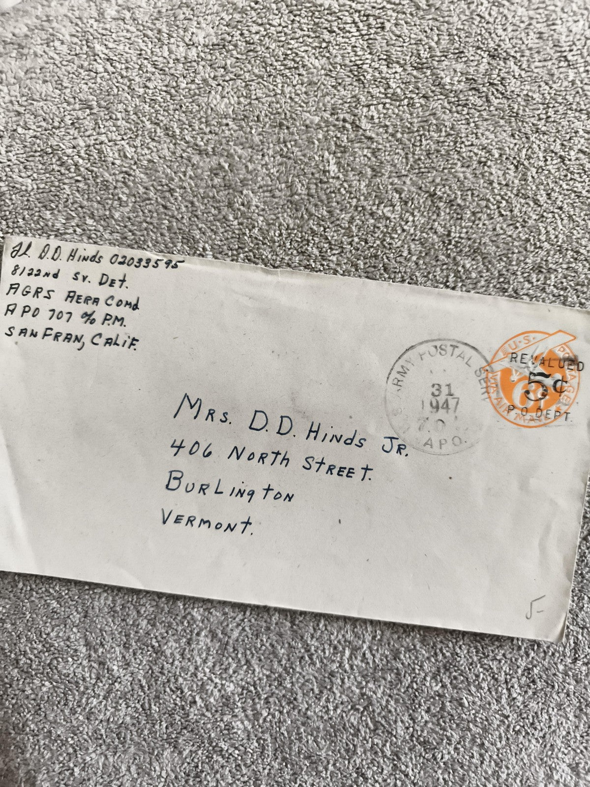 Lettre militaire USA 1947 enveloppe APO US Army Postal Vermont philatélie