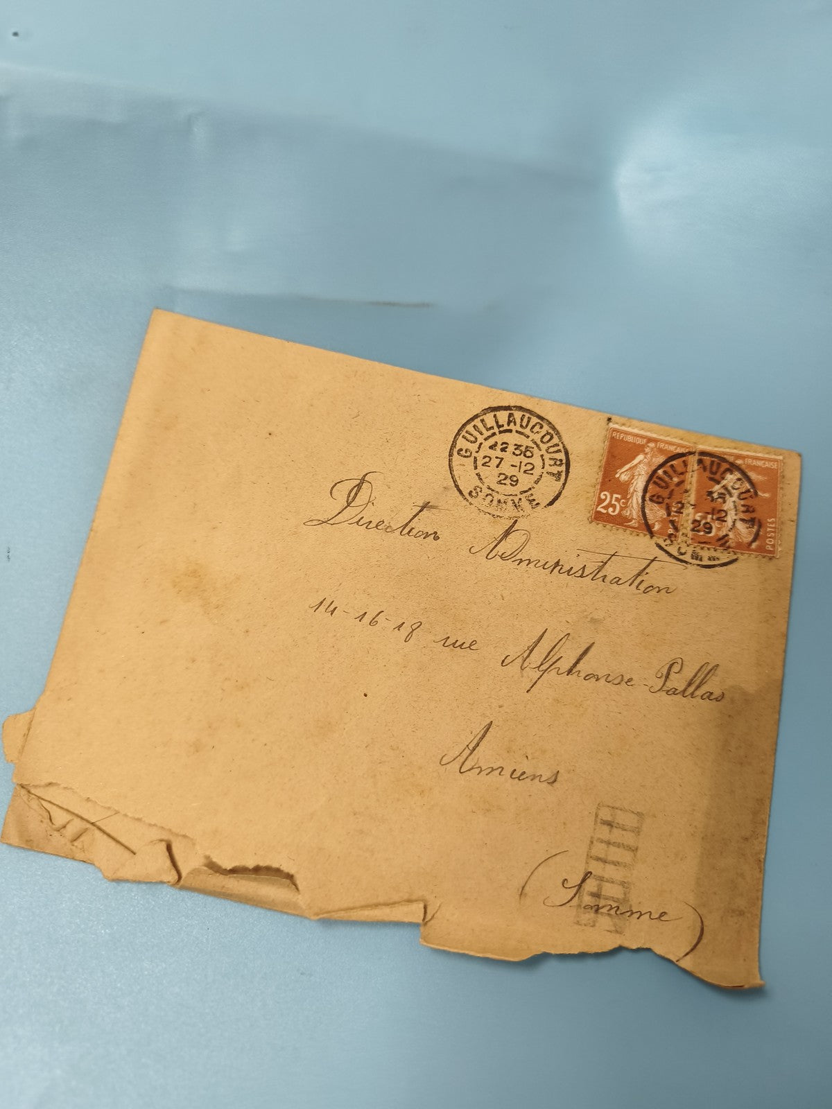 Ancienne enveloppe oblitérée 1929 philatélie, timbre 25c, courrier vintage