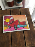 Autocollant Panini vintage années 80, voiture rouge, illustration rétro rare
