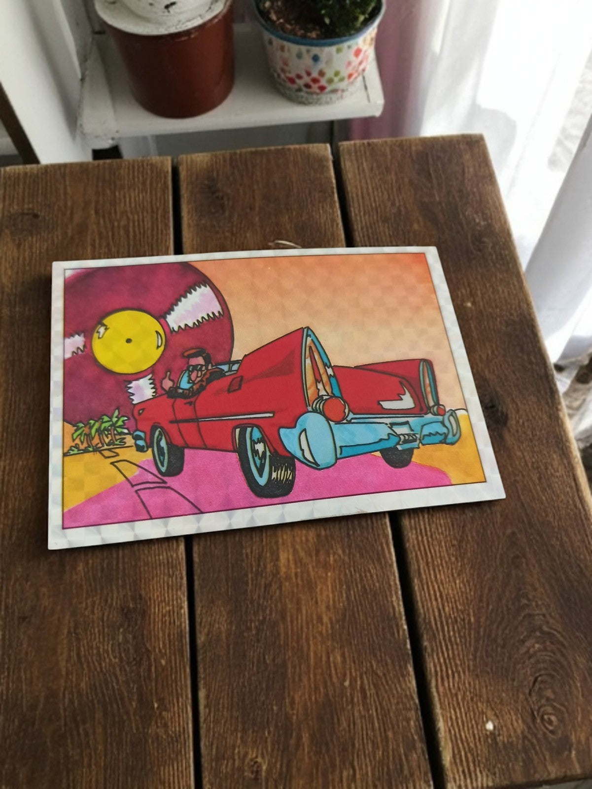 Autocollant Panini vintage années 80, voiture rouge, illustration rétro rare