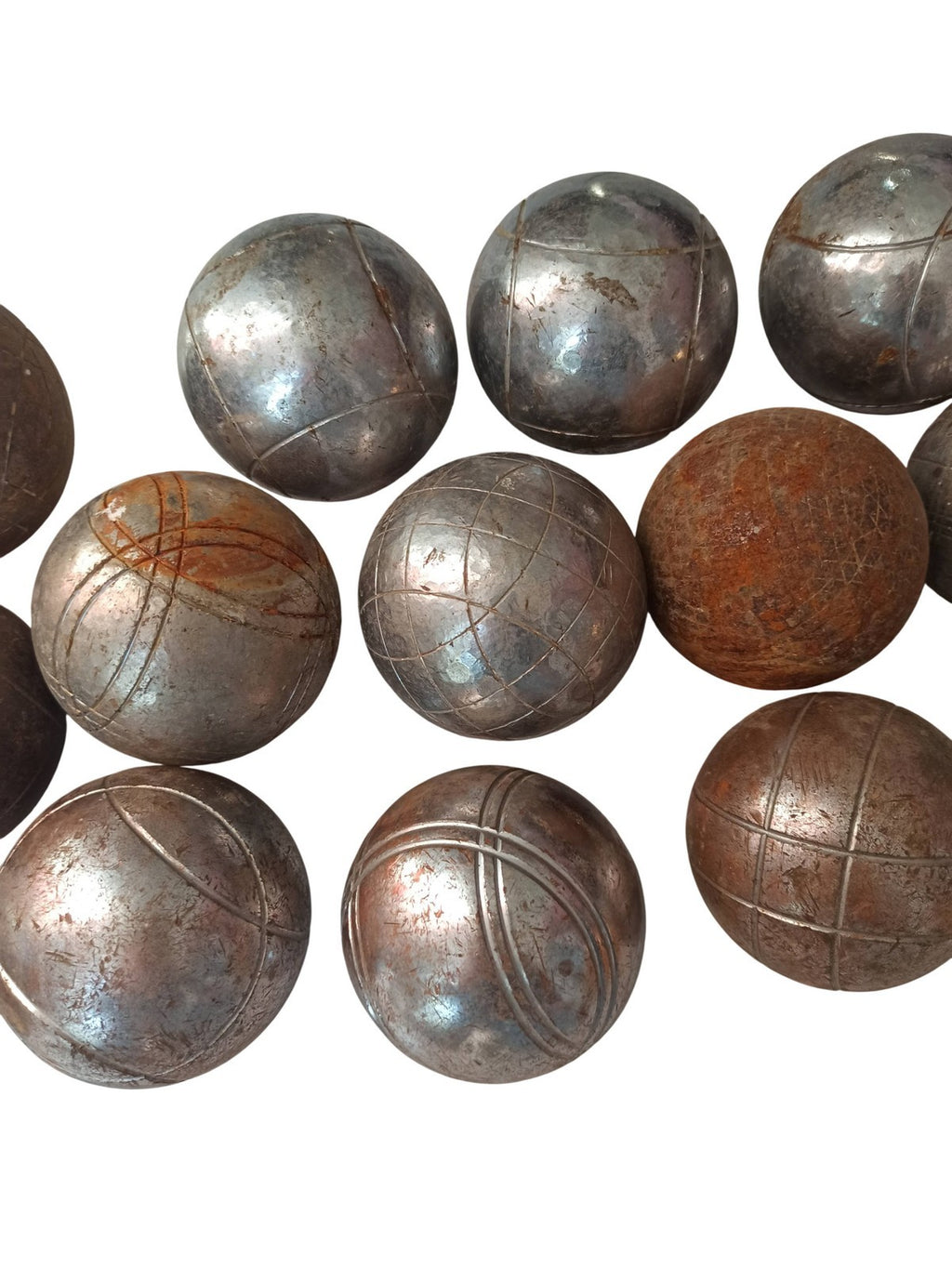 Boules de pétanque anciennes vintage lot 13 pièces, gravure, aspect métal rétro