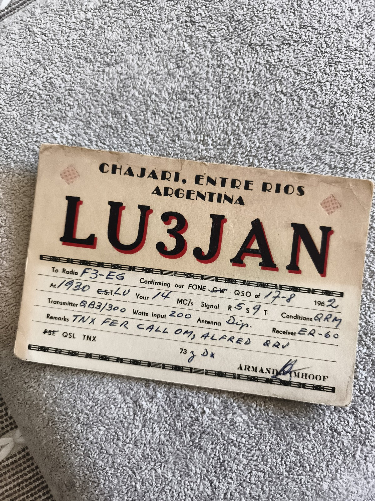 Carte QSL ancienne LU3JAN Chajari Argentine radioamateur vintage 1962