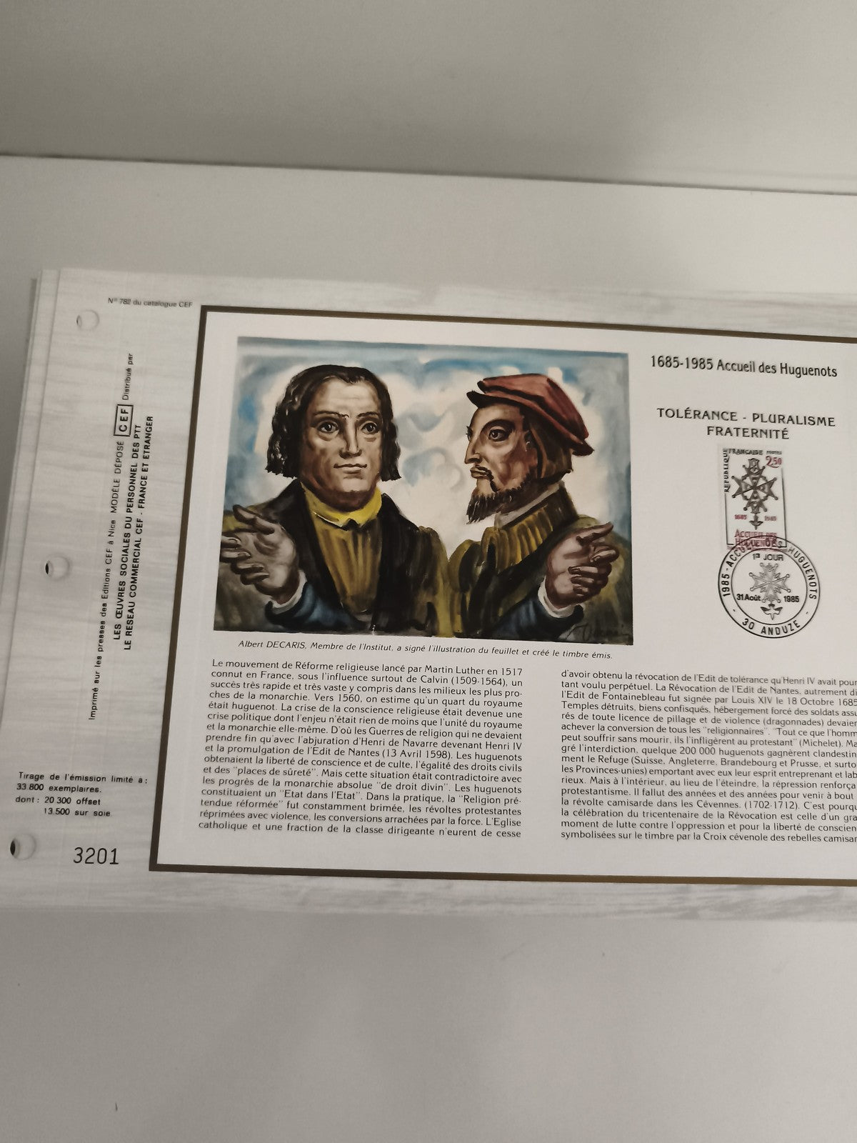 Feuillet CEF philatélie 1685-1985 Huguenots Tolérance Luther Calvin