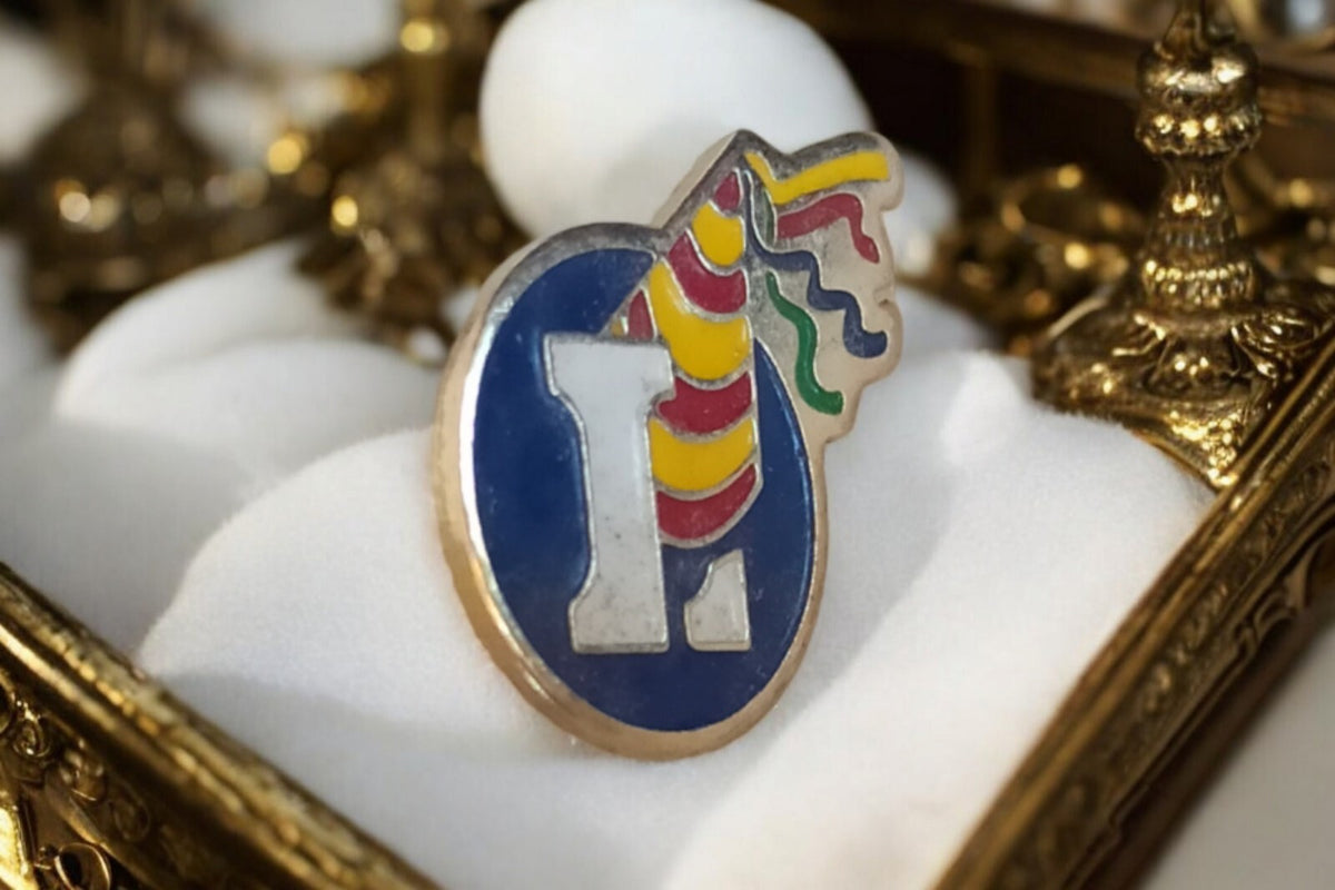 Vintage Leclerc blue logo pin 80s old multicolored enamel badge