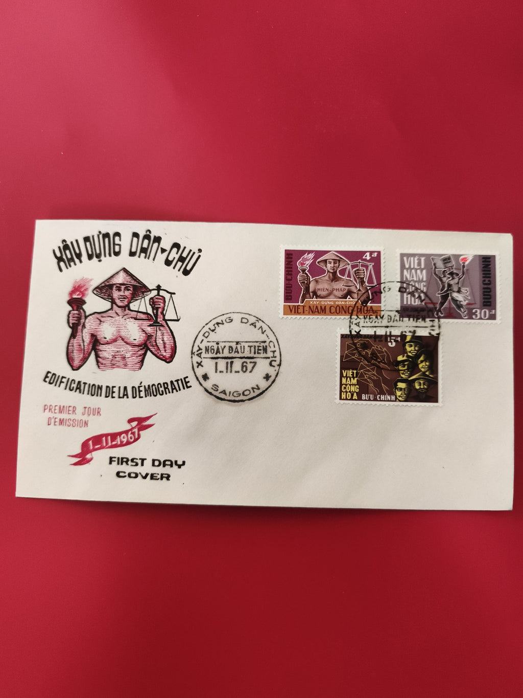 FDC Vietnam 1967 édification démocratie 3 timbres oblitérés Saigon