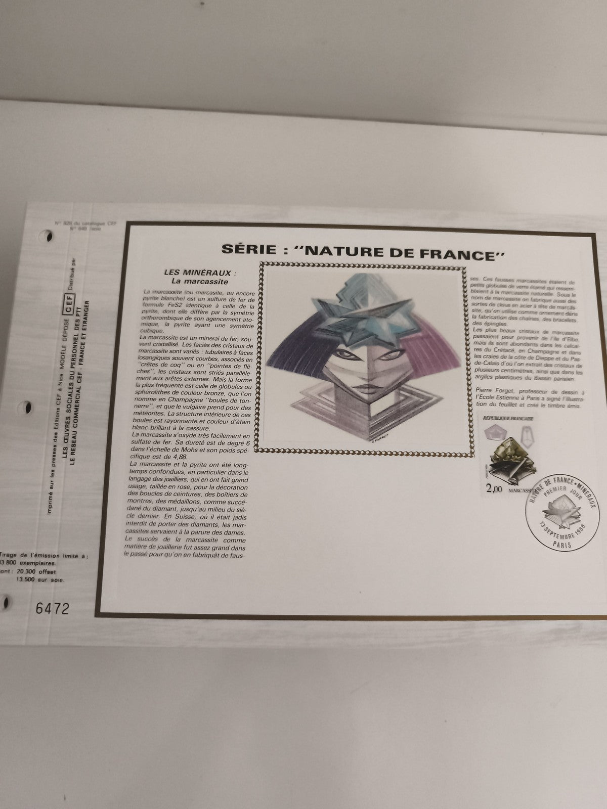 Feuillet philatélique CEF Nature de France marcassite timbre 2,00 F minéraux