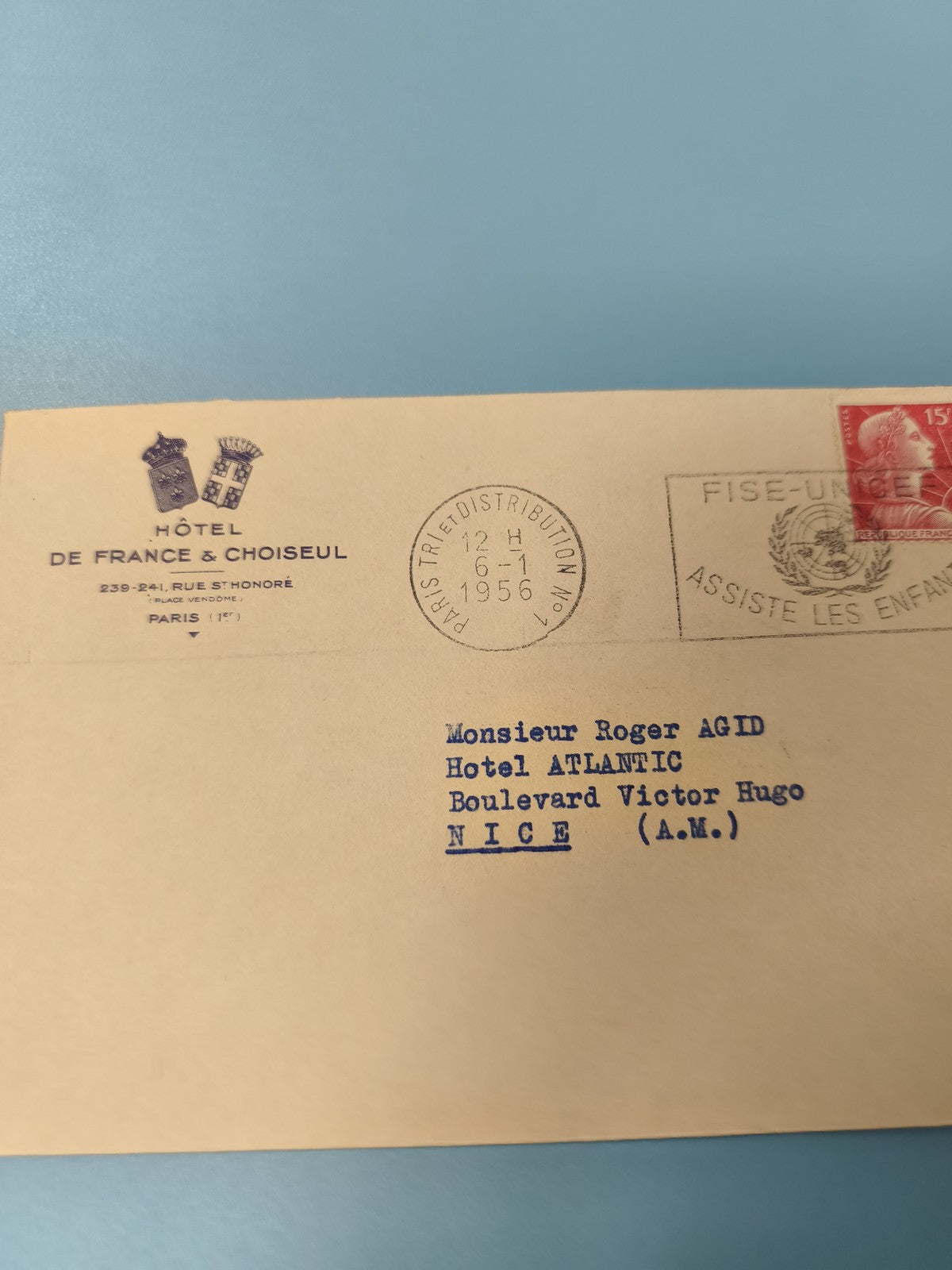 Ancienne enveloppe philatélie Hôtel de France Choiseul Paris 1956 timbre 15c