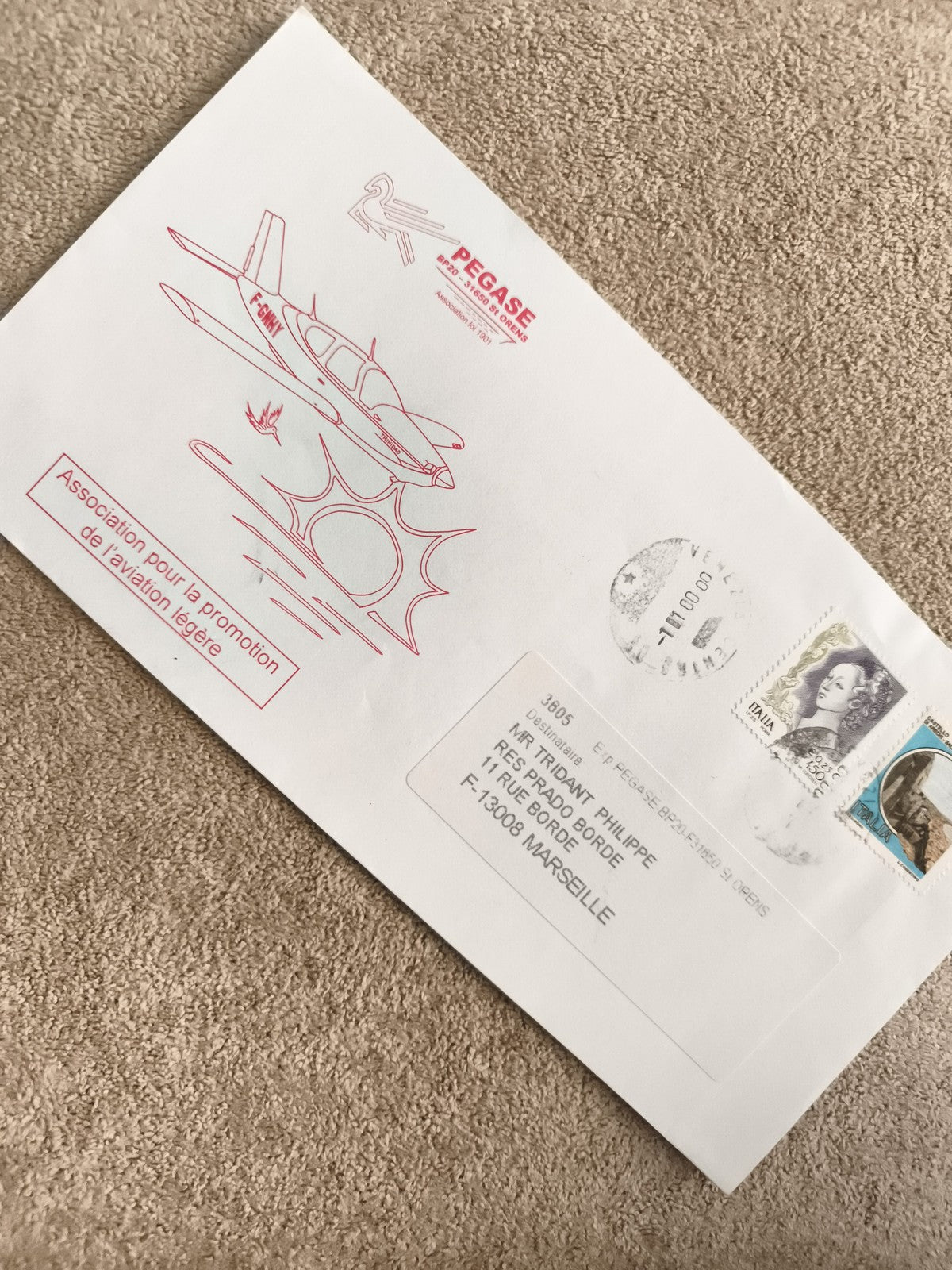 Lettre oblitérée aviation PEGASE Marseille, enveloppe illustrée avion, philatéli