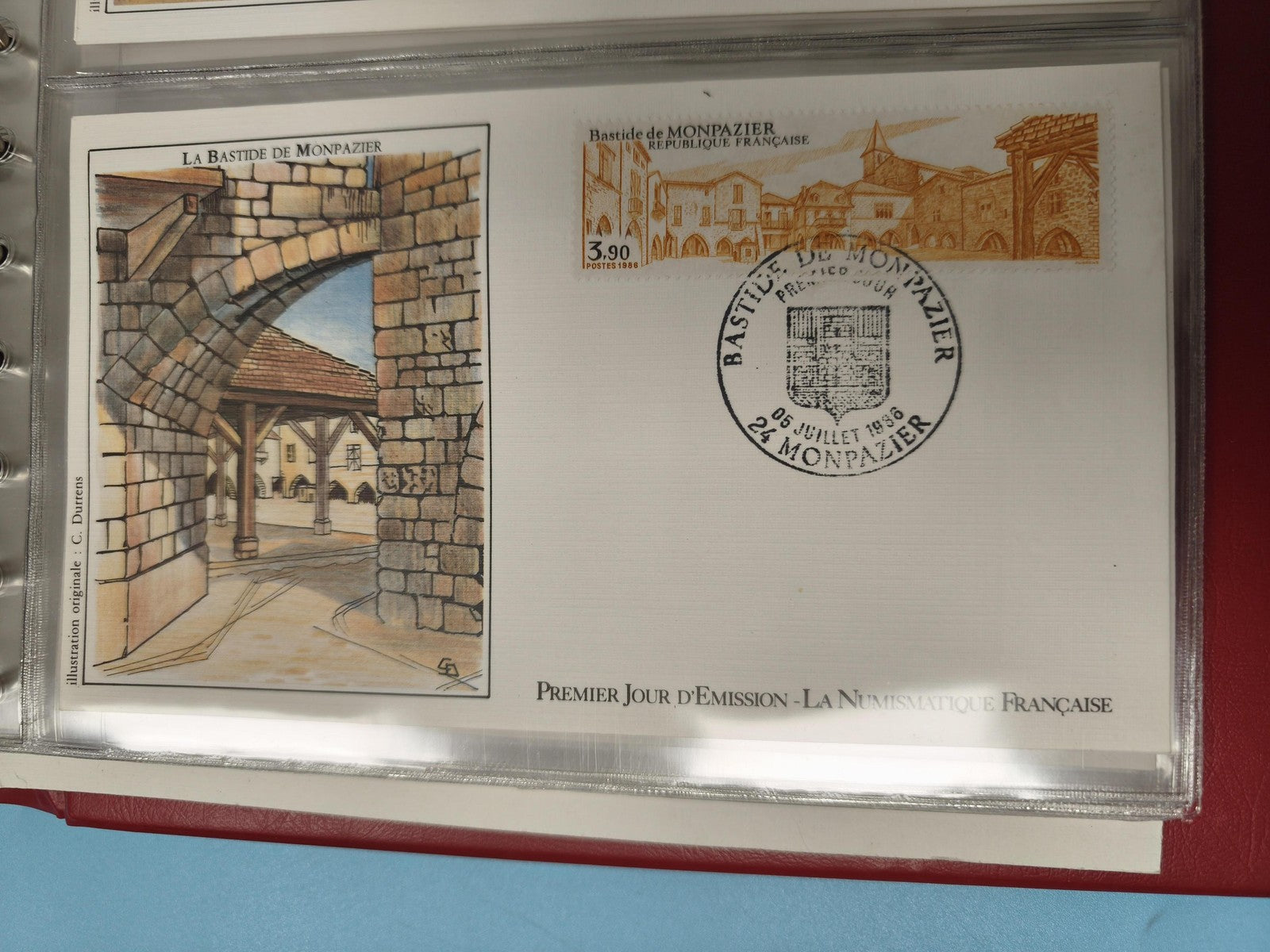 Enveloppe Premier Jour Monpazier FDC Bastide illustration couleur 1986