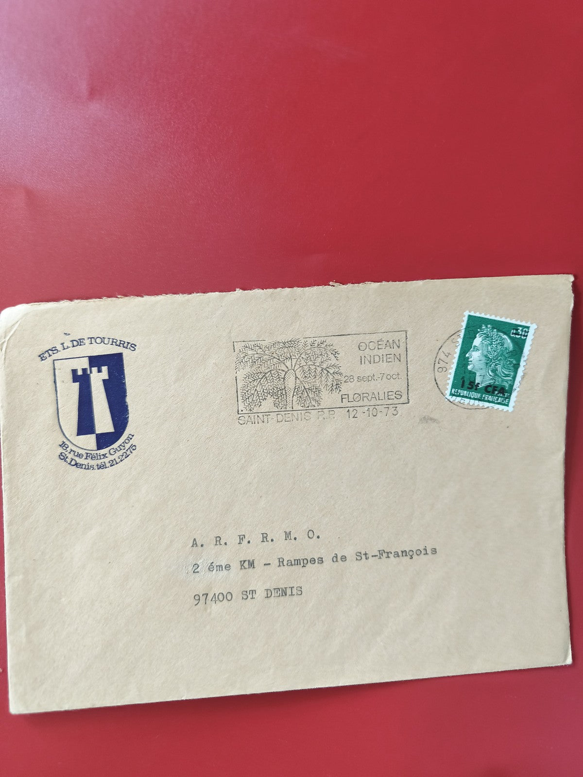 Enveloppe philatélie oblitérée St Denis La Réunion timbre Marianne vert